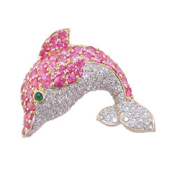 P0021 18KW Pink Sapphire, Tsavorite & Diamond Dolphin Brooch