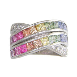 L0079 18KW Pastel Rainbow Sapphire and Diamond Ring