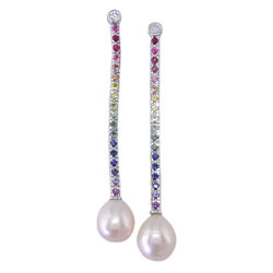E1107 18KW Pearl, Rainbow Sapphire & Diamond Earrings