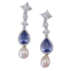 E1129 18KW Sapphire, Cultured Pearl and Diamond Earrings