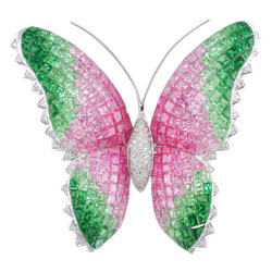P1584 18KW Tsavorite & Pink Sapphire Butterfly Brooch