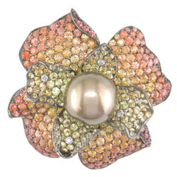 P1855 18KT Pearl, Assorted Sapphire, & Diamond Flower Pendant