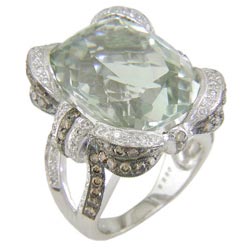 L2283 18KW Green Amethyst, Champagne & White Diamond Ring