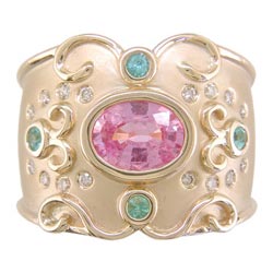 L2327 18KT Pink Sapphire, Paraiba & Diamond Ring