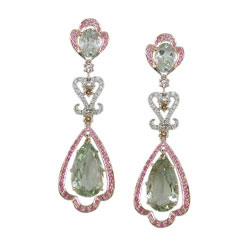 E2361 18KW/KR earrings with Green Amethyst, Pink Sapphir