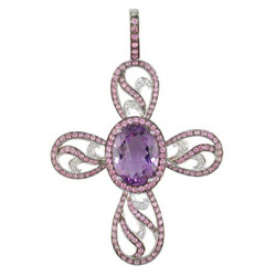 P2363 18KW Amethyst, Pink Sapphire & Diamond Cross Pendant