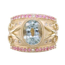 L2395 18KT Aquamarine, Pink Sapphire, & Diamond Ring