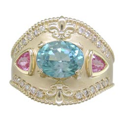 L2413 18KT Blue Zircon, Pink Sapphire & Diamond Ring