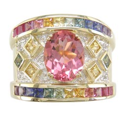 L2421 18KT Tourmaline, Rainbow Sapphire, & Diamond Ring