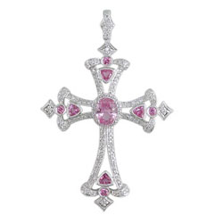 P2440 18KW Pink Sapphire and Diamond Cross Pendant