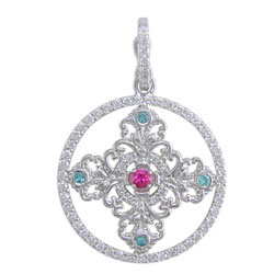 P2482 18KW Brazilian Paraiba, Pink Sapphire & Diamond Pendant