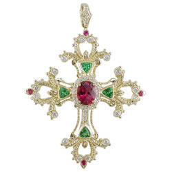 P2496 18KT Rubellite, Tsavorite, Pink Sapphire & Diamond Cross