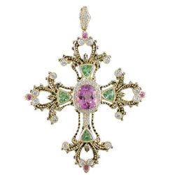 P2496 18KT Kunzite Tsavorite, Pink Sapphire & Diamond Cross