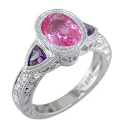 L0284 18KW Pink Sapphire, Amethyst & Diamond Ring