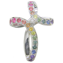 P0410 18KW Pastel Rainbow Sapphire & Diamond Pendant