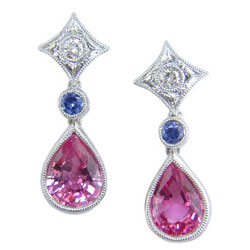 E0694 18KW Pink Sapphire, Sapphire and Diamond Earrings