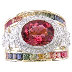 L0828 18KT/KW Tourmaline, Rainbow Sapphire, and Diamond Ring